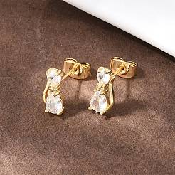 Серьги-гвоздики из латуни с прозрачным кубическим цирконием в форме кошки&nbsp;EJEW-C172-01G