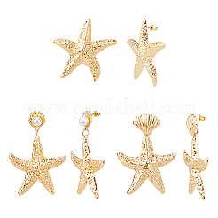 3 пара двухцветных серег-гвоздиков в форме морской звезды из сплава с пластиковыми жемчужными бусинами&nbsp;EJEW-FI0002-95