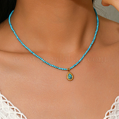 Нержавеющая сталь паве синтетическая бирюза капля кулон круглые бусины ожерелья для женщин ежедневные элегантные украшения&nbsp;YJ5982