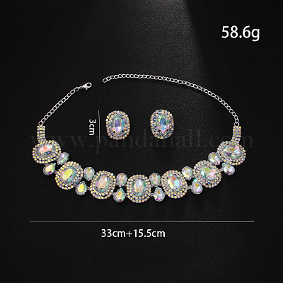 Овальные ожерелья из сплава стекла с подвесками и комплекты серег-гвоздиков FS-WG19BF3-01-1