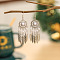 Alloy Resin Dangle Earrings, Flat Round with Feather, Silver, White, 70mm
