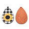 Single Face Sunflower Printed Wood Big Pendants, Teardrop Charm, Black, Tartan Pattern, 60x40x3mm, Hole: 2mm