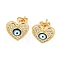 Evil Eye Real 18K Gold Plated Brass Stud Earrings, with Enamel and Clear Cubic Zirconia, Heart, 10.5x11mm