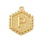 Brass Pendants, Cadmium Free & Nickel Free & Lead Free, Hexagon Letter Charms, Letter P, 20x16x2.5mm, Hole: 1.5mm