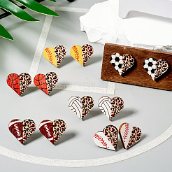 6 пара серег-гвоздиков в форме сердечек из дерева в спортивном стиле&nbsp;EJEW-TA0001-33