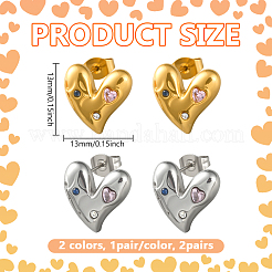 2 пара двухцветных сережек-гвоздиков в форме сердца из нержавеющей стали&nbsp;EJEW-GO0002-12