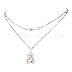 Двухслойные ожерелья из нержавеющей стали 304 с подвеской в виде медведя из сплава и белого круга для женщин&nbsp;NJEW-JN05758-02