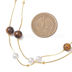 Длинные ожерелья из латунной цепочки «Бостон» с круглым натуральным тигровым глазом и ракушечным жемчугом&nbsp;NJEW-JN05722-02