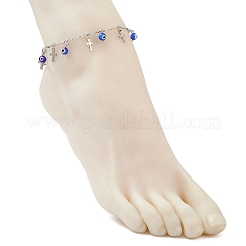 Браслеты на ногу ручной работы с подвесками в виде сглаза и цепочкой из нержавеющей стали 304 с перекрещивающимися звеньями и кисточками для женщин&nbsp;AJEW-AN00741-02
