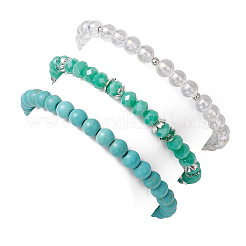 3шт 3 стиля круглые стеклянные и синтетические бирюзовые бусины наборы эластичных браслетов для женщин&nbsp;BJEW-JB11654