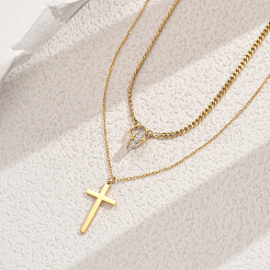 Двухслойные ожерелья с подвеской-крестом из нержавеющей стали и кристаллами горного хрусталя для женщин&nbsp;BW9176