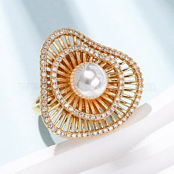 Регулируемые латунные кольца-манжеты с микропаве из прозрачных кубических цирконий и жемчугом из АБС-пластика.&nbsp;RJEW-G368-04G