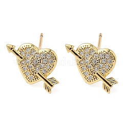 Серьги-гвоздики из латуни с микро-паве и прозрачным фианитом в форме сердца&nbsp;EJEW-A132-08G