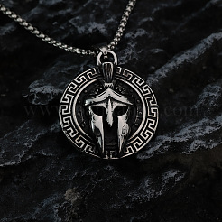 Мужские ожерелья из нержавеющей стали 304 с подвеской в виде круглой коробки с воинским шлемом&nbsp;FS-WG73C38-02