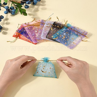 50 шт. 10-цветные подарочные мешочки для хранения из органзы с завязками и золотым тиснением в виде луны и звезд ABAG-FS0001-11-1