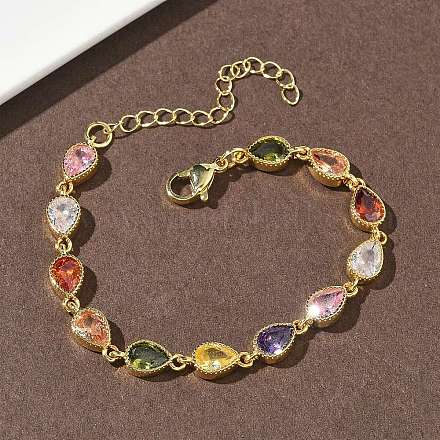 Браслеты-цепочки в форме капли из латуни с инкрустацией кубическим цирконием для женщин&nbsp;BJEW-P385-06G-1