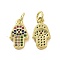 Brass Micro Pave Cubic Zirconia Charms, Cadmium Free & Nickel Free & Lead Free, Real 18K Gold Plated, with Jump Ring, Hamsa Hand/Hand of Fatima/Hand of Miriam with Eye , Colorful, 13.5x8x2.5mm, Jump Ring: 5x0.8mm, Inner Diameter: 3.2mm