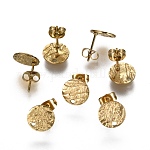 Ионное покрытие (ip) 304 нержавеющая сталь гвоздики фурнитура для сережек, со спинкой и петлей серьги, текстурированный, плоско-круглые, золотые, 10 мм, отверстие : 1.2 мм, штифты : 0.8 мм