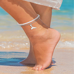 1 шт. браслеты на ногу из цинкового сплава с витой цепочкой и подвеской в виде хвоста и 1 шт. белые граненые круглые акриловые бусины&nbsp;AJEW-LP0007-68
