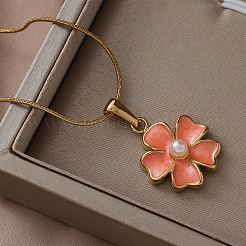 Женские ожерелья с подвеской в виде цветка из нержавеющей стали 304 с эмалью и искусственным жемчугом&nbsp;ZA2839-2