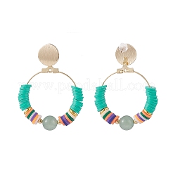 Серьги-гвоздики с большим кольцом из натурального зеленого авантюрина и полимерной глины&nbsp;EJEW-TA00075-05