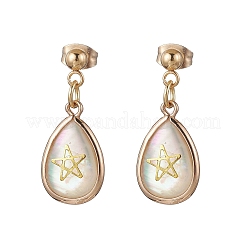 Серьги-гвоздики в форме капли из натуральной латуни с ракушкой пауа&nbsp;EJEW-JE06408-02