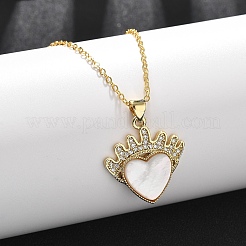 Женские ожерелья с подвеской в виде сердца из латуни с микропаве из прозрачных кубических цирконий и натуральных белых ракушек&nbsp;NJEW-R027-02G