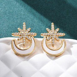 Серьги-гвоздики со звездой и луной из латуни с микропаве из прозрачных кубических цирконий&nbsp;KK-D363-18G