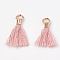Polycotton(Polyester Cotton) Tassel Pendant Decorations, Mini Tassel, with Brass Clasps & Iron Rings, Light Gold, Pink, 10~15x3~4mm, Hole: 2mm