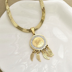 Ожерелья с подвеской в виде пера из нержавеющей стали 201 с плоским круглым кубическим цирконием&nbsp;NJEW-H055-02G