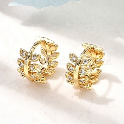 Серьги-кольца в форме листа с микропаве из прозрачных кубических цирконий из латуни&nbsp;EJEW-P322-15G