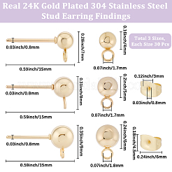 90 шт. 3 стиля фурнитуры для сережек-гвоздиков из нержавеющей стали 304&nbsp;STAS-BBC0008-47