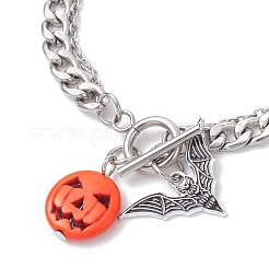 Комплект браслетов из нержавеющей стали 304 с подвесками в виде летучей мыши из сплава эмали и тыквы из окрашенной синтетической бирюзы на Хэллоуин&nbsp;BJEW-JB12446-01