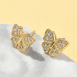 Серьги-гвоздики с бабочками из латуни с микропаве из прозрачных кубических цирконий&nbsp;EJEW-A132-07G