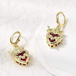 Серьги-кольца из латуни и стекла в форме сердца&nbsp;EJEW-P333-09E-G