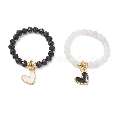 Кольца с бусинами из натурального черного турмалина и радужного лунного камня&nbsp;RJEW-TA00229