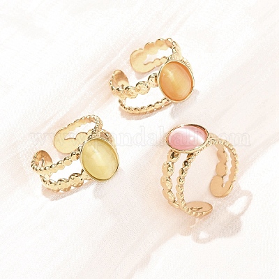 Кольца-манжеты «кошачий глаз» из нержавеющей стали 304 со стеклянными вставками для женщин&nbsp;RJEW-K309-40A-1