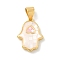 Brass Enamel Pendants, Hamsa Hand Charms, with Natural Shell, Long-Lasting Plated, Rack Plating, Real 18K Gold Plated, White, 15.5x11.5x3mm, Hole: 4.5x3.5mm