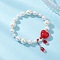 Shell Pearl & Glass Beads Charm Bracelets, Stretch Bracelets for Women, Heart & Teardrop Charms, Red, Bead: 6~10mm, Inner Diameter: 2-1/8 inch(5.5cm)
