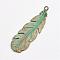 Tibetan Style Alloy Pendants, Feather, Antique Bronze & Green Patina, 57x18x1.5mm, Hole: 2.5mm
