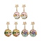 3 Pairs Alloy Enamel Dangle Stud Earrings, Flat Round with Flower Pattern, Golden, Mixed Color, 38.5x19.5mm