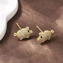 Серьги-гвоздики в форме свиньи с микропаве из прозрачных кубических цирконий из латуни&nbsp;EJEW-F400-07G