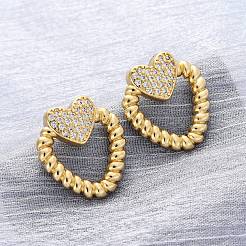 Серьги-гвоздики из латуни с микро-паве и прозрачным фианитом в форме сердца&nbsp;EJEW-R025-09G