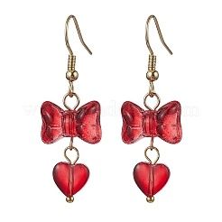 Стеклянные серьги с бантом и сердечком&nbsp;EJEW-JE05647