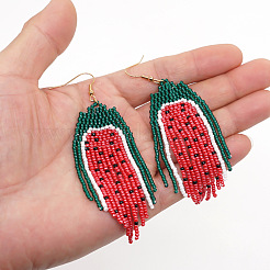 Серьги-подвески из бисера ручной работы в виде арбуза&nbsp;PQ8750