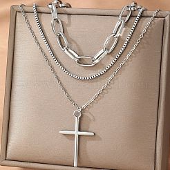 304 нержавеющая сталь крест кулон 3 слой ожерелья для женщин&nbsp;LS-NJEW-F343-02P