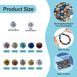 100 шт. 10 цвета гальванические натуральные бусины из вулканического камня&nbsp;G-PJ0001-03C
