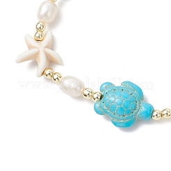 Браслеты из синтетических бирюзовых бусин в виде черепахи и морской звезды и натурального культивированного пресноводного жемчуга для женщин&nbsp;BJEW-JB12046-01