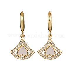 Серьги-кольца с веером в форме сердца из латуни с микропаве из прозрачных кубических цирконий&nbsp;KK-D363-13G