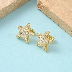 Серьги-гвоздики из латуни с микропаве из прозрачных кубических цирконий в виде морских звезд&nbsp;EJEW-Z144-19G